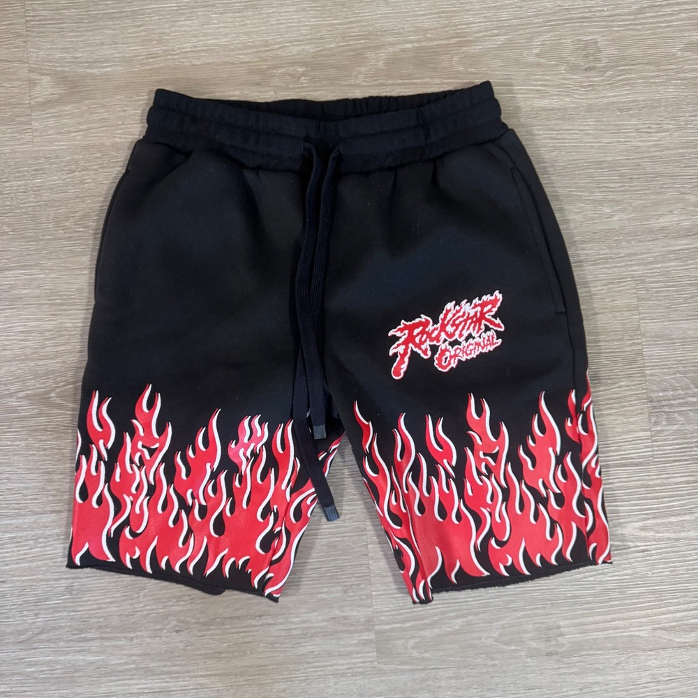 Vtg Rockstar Original Shorts Mens Medium Black Red Flame Graphic Sweat Shorts